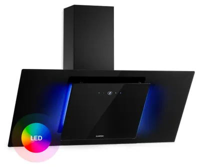 Obrázek produktu pro Klarstein Eleonora - Šikmá digestoř, EEK A++, průtok odsávaného vzduchu: 420 m³/h, dotykové ovládání, atmosférické RGB osvětlení, 59 dB, recirkulace a odsávání vzduchu, LED osvětlení, tukový filtr, 90 cm, černá