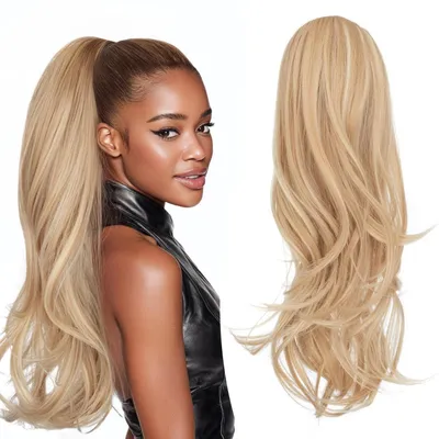 Productafbeelding van Haarverlenging, paardenstaartmodel, met koordtrekker, golvend, 56 cm, asblond met highlights