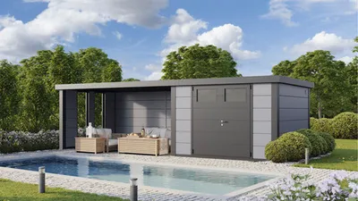Produktbild von Gartenhaus Classico 3330 inkl. Lounge 4530 links mit Seitendach, Rück- und Seitenwand inkl. Fenster 812 x 318 cm lichtgr