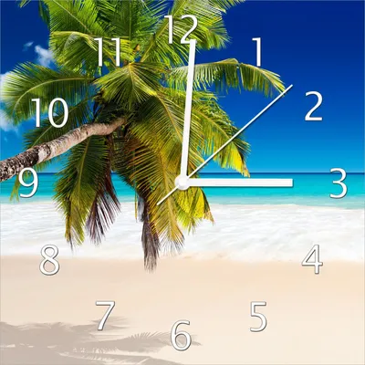 Produktbild von Wallario Design Wanduhr Südseestrand in der Karibik mit Palme aus Echtglas, Größe 30 x 30 cm