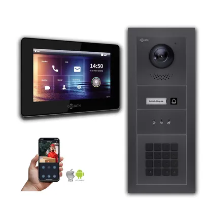 Produktbild von Goliath IP Video Türsprechanlage 7-Zoll 1-Monitor Zahlencode Anzeige Anthrazit : Aufputzdose : 7 Zoll in Schwarz : 4er POE (Standard) Türklingel