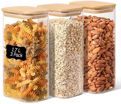 Productafbeelding van Voorraadpot met Deksel - Set van 3 Stuks - Borosilicaatglas - Temperatuurbestendig - Luchtdichte Afdichting - Geschikt voor Voedselopslag - Opslagpot
