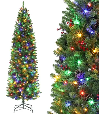 Produktbild von Künstlicher, schmaler Weihnachtsbaum, schlanke Form, 230 cm hoch, mit LED-Beleuchtung (zwei Farben / warmweiß), mit Zapfen und roten Beeren – Aufstellart: Klappmechanismus, Metallfuß