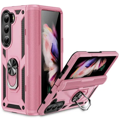 Obrázek produktu pro Pouzdro pro Samsung Galaxy Z Fold 5 dvouvrstvé robustní, vojenská ochrana pouzdro s držákem prstenu a stojánkem Růžové zlato