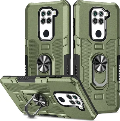 Three views of a green phone case with a ring holder.