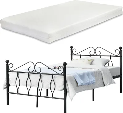 Produktbild von Łóżko metalowe Apolda 120x200 cm młodzieżowe z materacem i stelażem listwowym Łóżko pojedyncze z materacem z zimnej pianki do 300kg Czarne [en.casa]