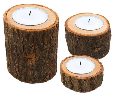 Holz-Kerzenhalter 3er-Set, Rindenoptik, 15,8x23,5x6 cm