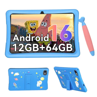 Produktbild von VekfulPC Kinder Tablet 10,1", Android 16, 12GB+64GB, 5000mAh, WiFi, GMS, Robuste Hülle, Kinder-Modus, Lern- und Spieltablet, Eltern-Kontrolle, Blau