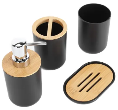 Productafbeelding van 4-delig badkameraccessoireset - Tandborstelhouder - Zeepbakje - Lotiondispenser - Beker - Kunststof/Bamboe - Badkamer Set