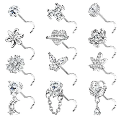 Produktbild von Nasenstecker Set - 12 Stück - L-förmige Nasenstecker - Edelstahl - Zirkonia - Geeignet für empfindliche Haut - 20G Größe - Nasenstecker