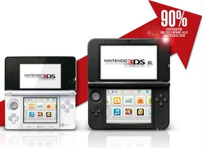 Two Nintendo 3DS XL handheld game consoles are displayed side-by-side, with a red arrow graphic indicating a 90% increase in screen size compared to the standard Nintendo 3DS.