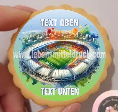 Produktbild von Fußball Stadion Keks / Cupcake Aufleger 1 Seite Wunschtext möglich Fondantpapier Premium extraweiß - extraglatt Ausstanzung rund  5 cm 20 Stk.