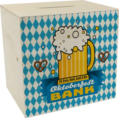 Produktbild von Spardose aus Holz mit Spruch  Bank Brezn Hendl Bier