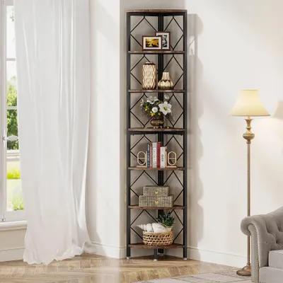 Obrázek produktu pro Rohová knihovna - 7úrovňová rohová knihovna - Extra vysoká, 200 cm - Úzká police vhodná do malých prostor - 35 x 35 cm - Kovová konstrukce - Hnědá barva