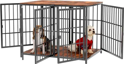 Image de Cage pour chien en bois XXXL - Meuble cage pour chien / table d'appoint - 4 portes avec serrures - Cloison de séparation - Pour chiens de taille moyenne et grande - Noyer foncé - Taille L
