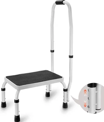 Obrázek produktu pro Stupátko s rukojetí - Robustní ocelový žebřík pro každého - Třístupňové výškové nastavení - Nosnost 150 kg - Protiskluzový žebřík do koupelny a domácnosti