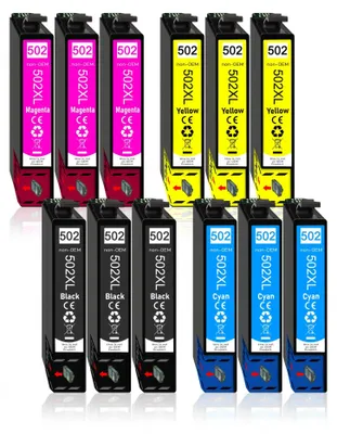 A collection of printer ink cartridges arranged in rows.