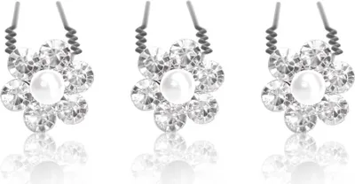 Produktbild von Haarnadeln Perlen Strass Blume Hochzeit Braut Haarschmuck Kommunion Haar Pin Set weiß 6er Set