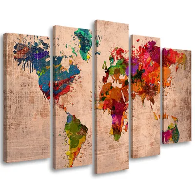 Produktbild von 5-teiliges leinwandbild farbige weltkarte 100x70 cm Feeby farbe wandbild bereit zum aufhängen