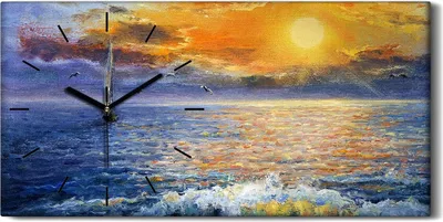 Produktbild von Dekor Leinwand Uhr Wandbilder 60x30 Kunst Sonnenuntergang über dem Meer - schwarze Hände