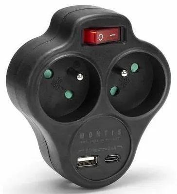 Zdjęcie produktu dla Rozgałęźnik Sieciowy Podwójny Z Wyłącznikiem + Usb-A + Usb-C Montis Mt144-Bk Czarny