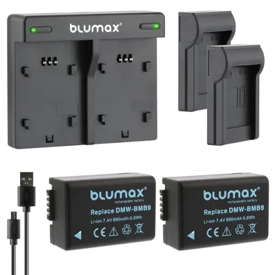 Produktbild von 2x Akku + Lader für Panasonic DMW-BMB9 Lumix DMC-FZ150, DC-FZ82 890 mAh