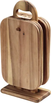 Produktbild von Kesper Brettchenset mit Ständer, 6 Brettchen, Akazie Natur, Brettchen 23x15x1cm, Ständer 15x9x32cm, geölt, feuchtigkeitsabweisend, schnittfest, messerschonend, antibakteriell, platzsparend, lebensmittelecht, nicht spülmaschinengeeignet