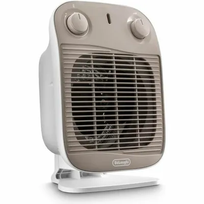 A white and beige DeLonghi electric heater is shown on a white background.