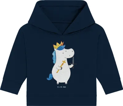 Produktbild von Mr. & Mrs. Panda Organic Baby Hoodie Einhorn König mit Schwert 12. - 18. Monat - French Navy - Geschenk, Ritter, Kapuzensweatshirt, Einhörner, Unicorn, Kapuzenshirt