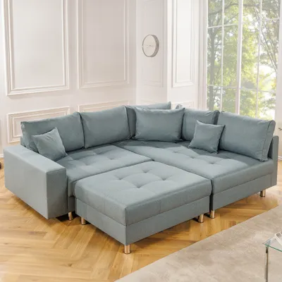 Produktbild von riess-ambiente Moderne Wohnlandschaft KENT 220cm aqua Ecksofa Federkern inkl. Hocker und Kissen Couch Sofa Ecksofa Eckcouch