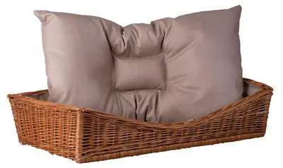 Productafbeelding van Honden- en kattenmand van riet met beige rand en kussen, merk TheWickerStories