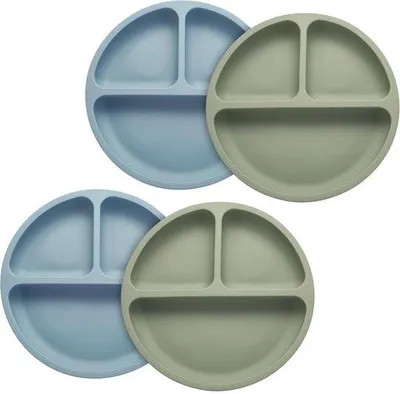 Productafbeelding van Ibenzoa® siliconen babyvoedingsbekers met zuignap, set van 2 (blauw en groen) – BPA-vrij, verdeeld, antislip, geschikt voor de vaatwasser en magnetron, voor baby's en peuters