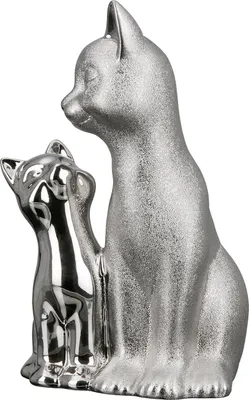 Produktbild von Gilde Porzellan Skulptur Katze silberfarben, glänzend und mit Oberflächenstruktur Katze mit Junges H: 21.60 cm B: 14.60 cm T: 11.30cm 32395