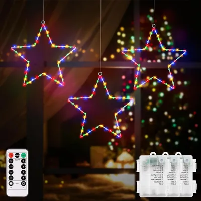 Productafbeelding van 3 Stuks Led Sterren - Batterij LED Raamverlichting met 180 Leds, 8 Modi & Timer voor Kerstdecoratie