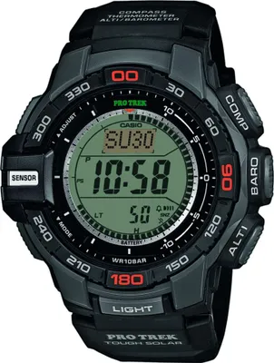 A close-up studio shot of a Casio Pro Trek watch.