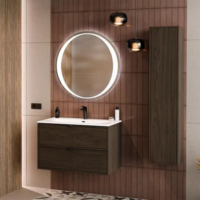 Produktbild von Badmöbel-Set 3-teilig mit LED-Spiegel & 80 cm Waschtisch in Walnuss - TEMUCO-56-WALNUT