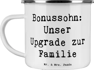 Produktbild von Mr. & Mrs. Panda Pott Spruch Bonussohn Wertschätzung - Weiß - Geschenk, persönliche Erinnerungen, Patchworkfamilie, becher emaille, Stiefsohn, Dankeschön, Teetasse, Tasse
