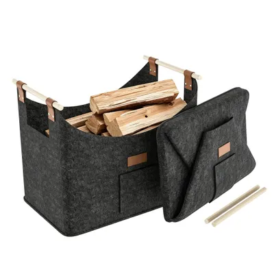 Produktbild von YZNAHRE Filztasche Kaminholz 2 Stück Brennholz Faltbar Holzkorb mit Dicker Filz und Verstärkter Holzgriff 50x32x40 cm Filzkorb, Dunkelgrau