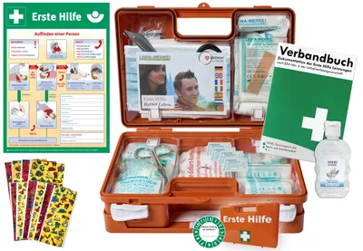 Produktbild von Erste-Hilfe-Koffer KITA M1 -Paket 2- nach aktueller DIN/EN 13157 für Betriebe + DIN/EN 13164 für KFZ inkl. 1. Hilfe AUSHANG & Hygiene-Gel