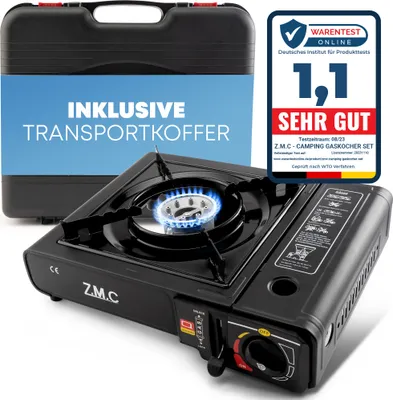 Produktbild von ZMC Campingkocher 1-flammig, 2,2KW + Transportkoffer, inkl. Adapter für LPG Gasflaschen, Camping Gaskocher mit Piezozündung ohne Gaskartuschen
