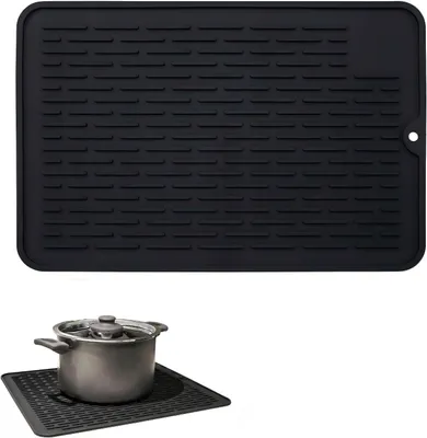 Produktbild von Silikon-Abtropfmatte, 30 × 20 cm, rutschfeste und hitzebeständige Trockenmatte für Geschirr, Töpfe und Besteckablage in der Küche, Schwarz