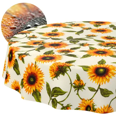 Tischdecke 140x140cm Rund Gelb abwaschbar Baumwolloptik Sonnenblumen Gelb wetterfest, Hauptbild
