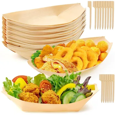 Image de Assiettes à collation jetables en bois avec des brochettes en bois