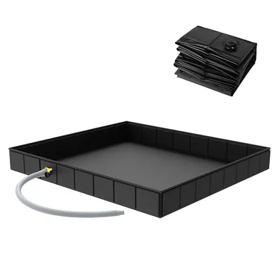 A black foldable shower tray with a grey drain hose is shown on a white background. A folded shower tray is also visible in the top right corner.
