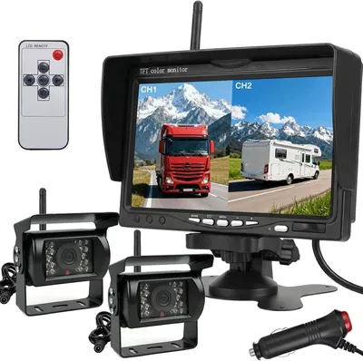 Image de Système de caméra de recul sans fil numérique, moniteur AHD divisé de 7 pouces avec caméra de recul étanche IP69, vision nocturne infrarouge et double caméra de recul