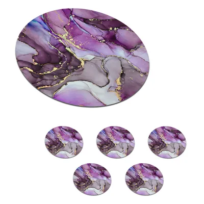 Produktbild von KitchenYeah® Glasuntersetzer Rund 6er Set Marmor - Rosa - Lila - Gold 10x10 cm Untersetzer für Gläser - Getränkeuntersetzer - Tischplattenschutz - Tischuntersetzer für Tassen Tisch Bar Glas