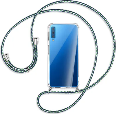 Produktbild von Handykette Backcover-Schutzhülle mit Band (Metall silberfarben) für Samsung Galaxy A7 2018 - grün/blau/weiß