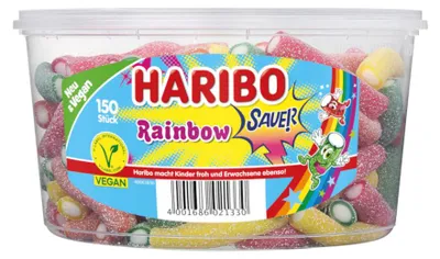Obrázek produktu pro Haribo Rainbow kyselé 150 kusů ovocných žvýkaček, kulatá plechovka 1200 g