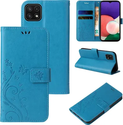 Produktbild von Handyhülle für Samsung Galaxy A22 5G Floral Blumen Schmetterling Flip Cover Hülle Case Klapphülle Handytasche Farbe: Blau