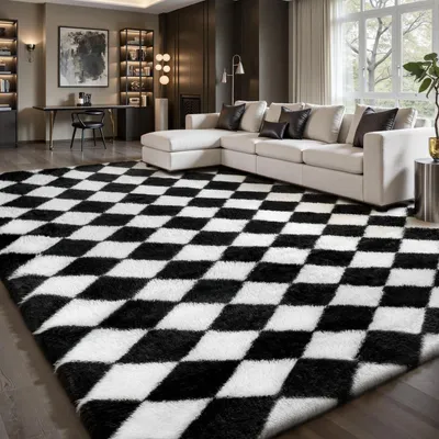 Immagine prodotto di Tappeto a pelo lungo per soggiorno, 140x200 cm, a quadri, nero e bianco